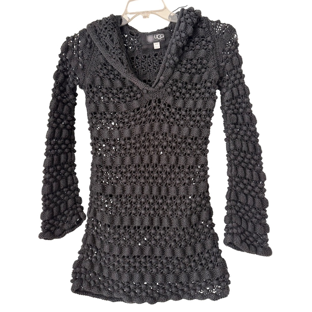 UGG Australia Popcorn Knit Hoodie Sweater Black XS Boho Whimsigoth Open Weave